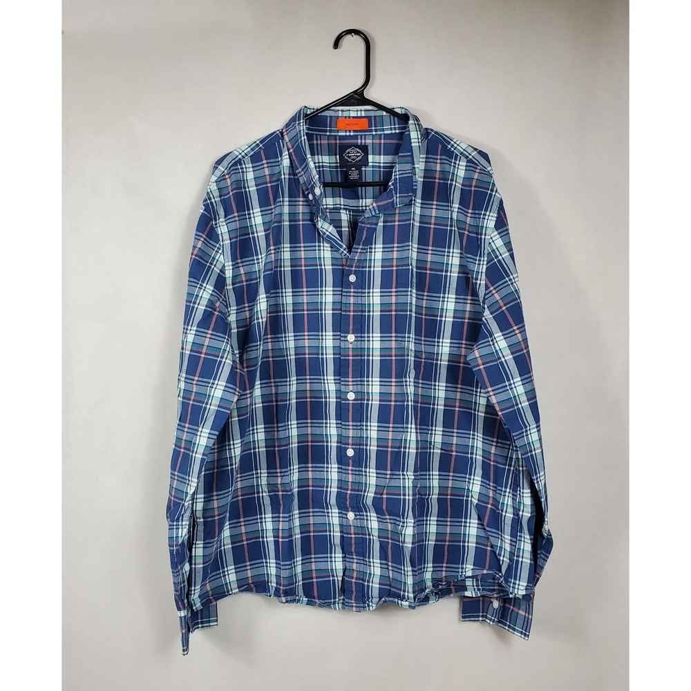 St Johns Bay Mens XXL Blue Orange Plaid Comfort Flex No Tuck Button Down Shirt